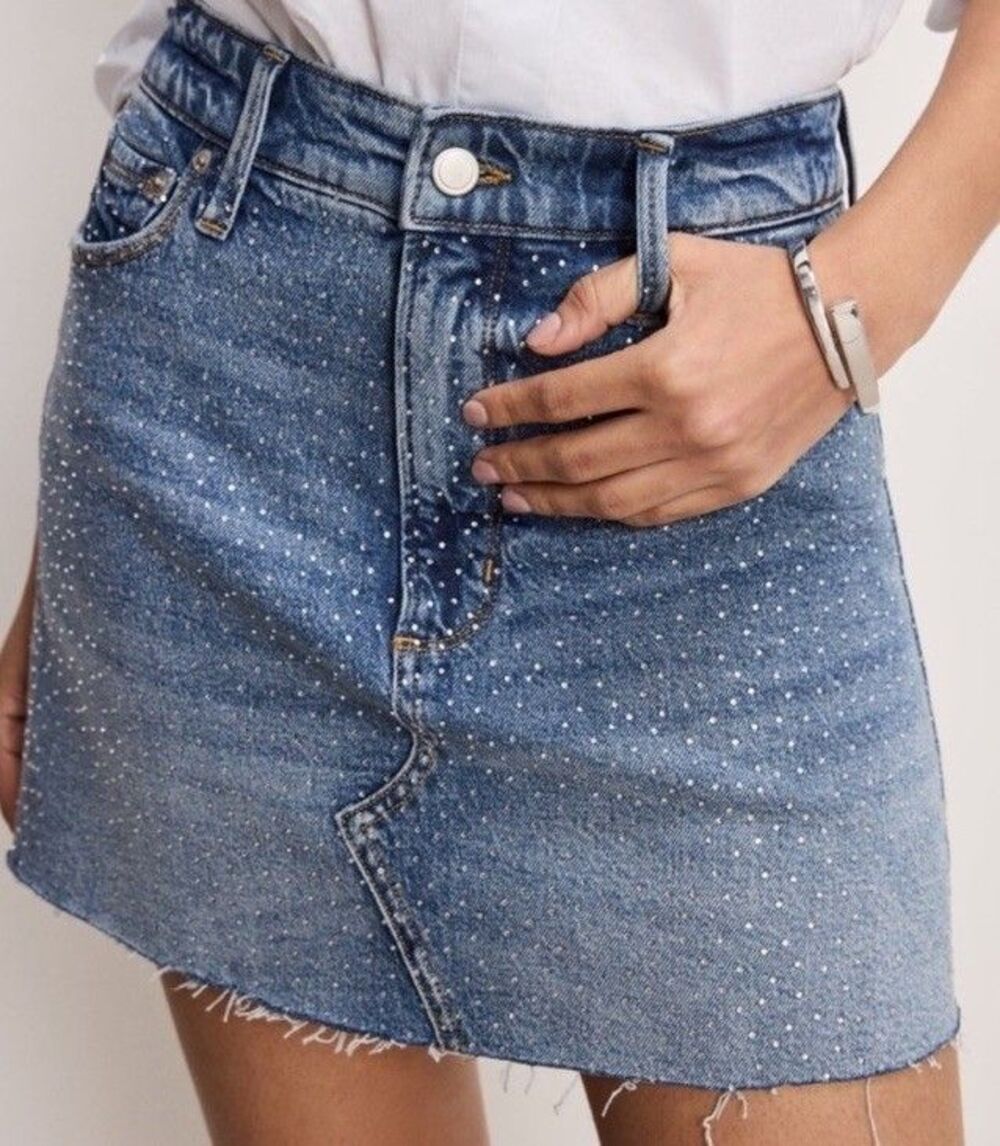 NWT Good American Diamond Denim Mini Skirt Rhinestone Stud Frayed Hem Sz 0 Y2K